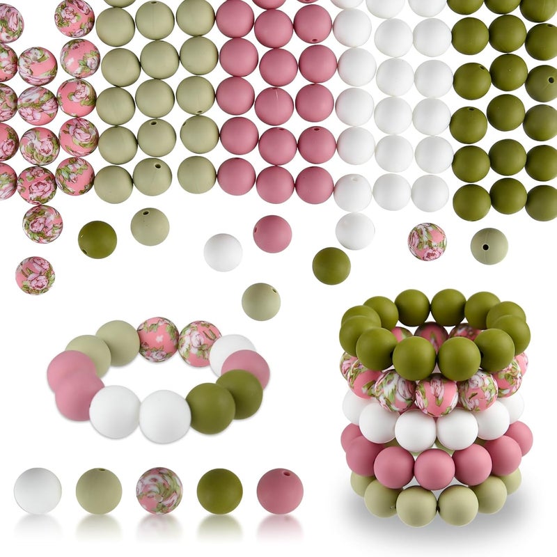 ASTARON 100 Pcs 15mm Silicone Beads for Keychain Making, Pink Green White Beads Bulk Round Beads for Bracelets Crafts Beadable Pens Decorations Jewelry Making Supplies - Image 1
